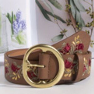 Floral Embroidered Brown Belt with Gold Buckle